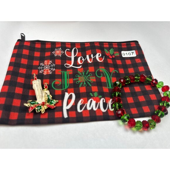 Christmas-Themed Love & Peace Zippered Pouch Glass Bead Bracelet & Candle Brooch - Picture 3 of 3